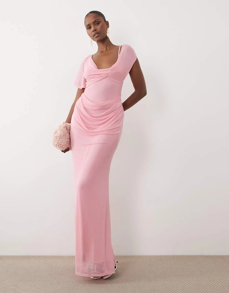 ASOS DESIGN mesh draped asymmetric sleeve maxi dress in pink
