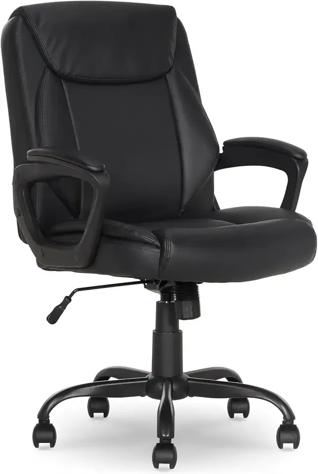 Amazon Basics Classic Puresoft PU Padded Mid-Back Office Desk Chair with Armrest, Easy Assembly, Sturdy Metal Base, Wheels, 275lb Support, 26"D x 23.75"W x 42"H, Black