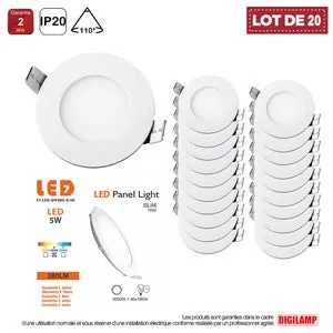 Lot de 20 Spot Encastrable Led Downlight Panel Extra plat 5w Blanc Neutre 4000k - Digilamp