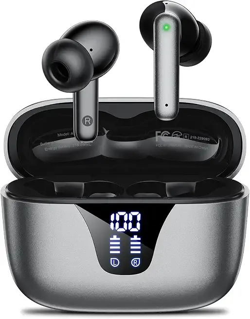 Wireless Earbuds Bluetooth Headphones, 50H Playtime Ear Buds with Mic, LED Digital Display Charging Case, IPX7 Waterproof, Deep Bass Stereo, in-Ear Earphone for iPhone Andriod Phone - Greige