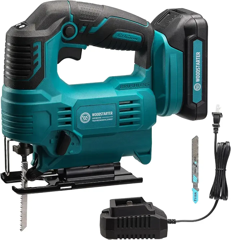 Cordless Jig Saw with Brushless Motor, 3 Adjustable Speed Settings, 45°-90° Cutting Angle, Compatible with T-Shaped Blades, Includes Dust Blowing Feature(With Battery and Charger)