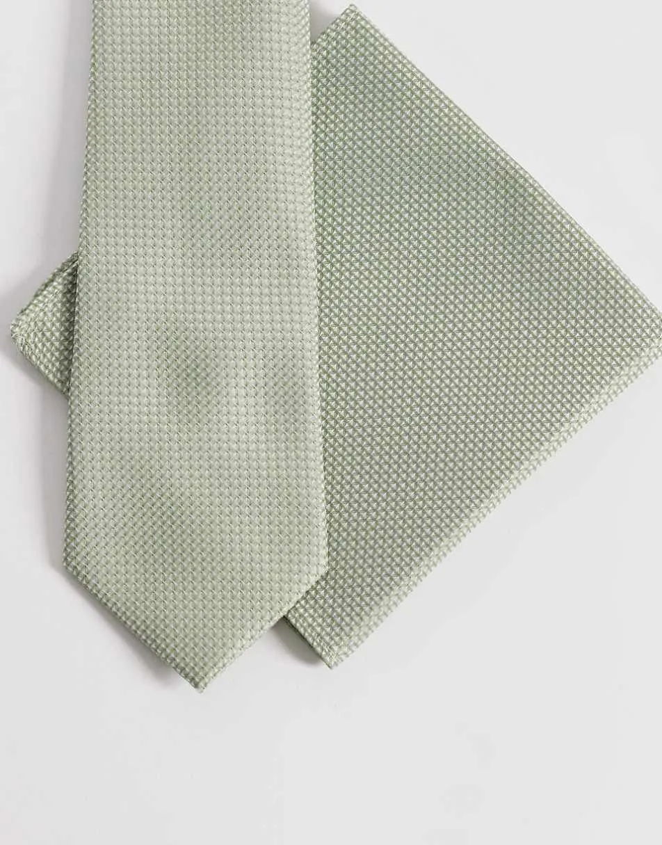 ASOS DESIGN textured tie and pocket square in sage green