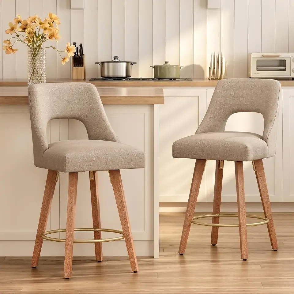 UVV Swivel Bar Stools Set of 2, Upholstered Counter Height Bar Stools, Modern Mid Century Counter Stools with Wood Legs for Kitchen Island Dining Room Bar, Sand