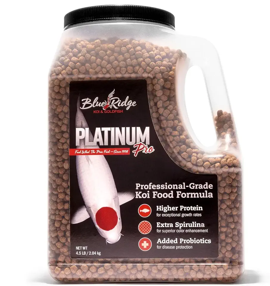 Blue Ridge Koi Platinum Pro 41% Protein Fish Food, 3/16" Pellets, 4.5 lb | Floats, softens fast; Spirulina & Canthaxanthin color support; probiotic-enriched; warm-season formula