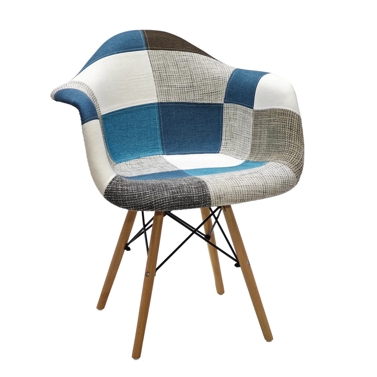 Poltrona Patchwork Imbottita con Braccioli e Gambe in Legno