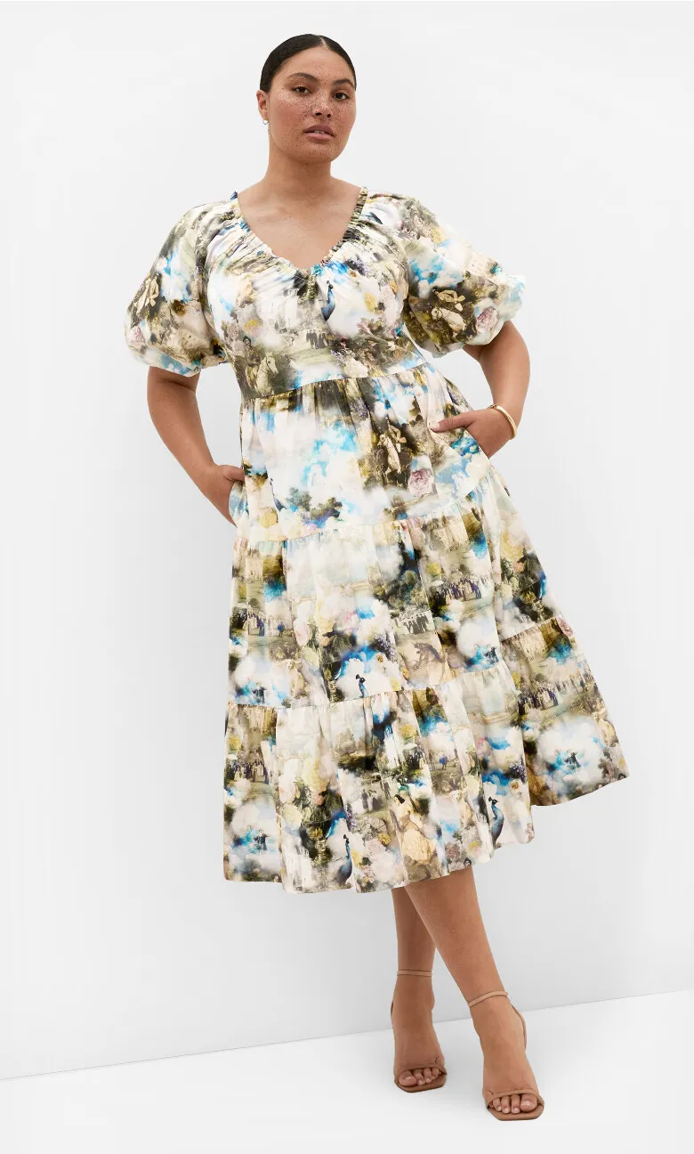 Fantasy Ballroom Print V Neck Dress - ivory multi