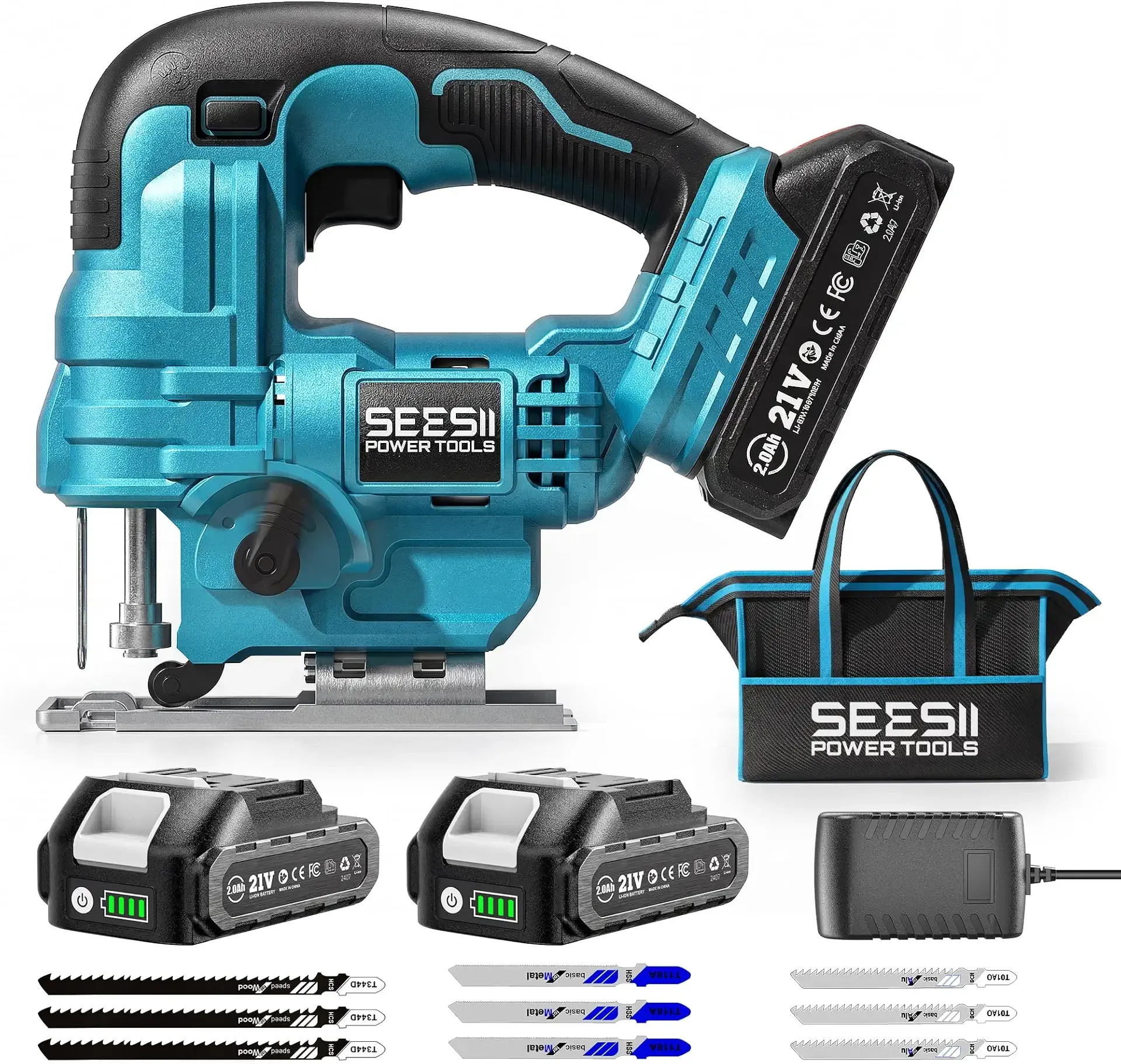 SEESII Jig Saw, Cordless Jigsaw Tool with 2×2.0Ah Batteries and Charger, ±45° Bevel Cuts, 4 Orbital Action for Wood Cutting, Variable Speed, Mini Jigsaw with 9 Blades, LED Light, Lock, Storage Bag