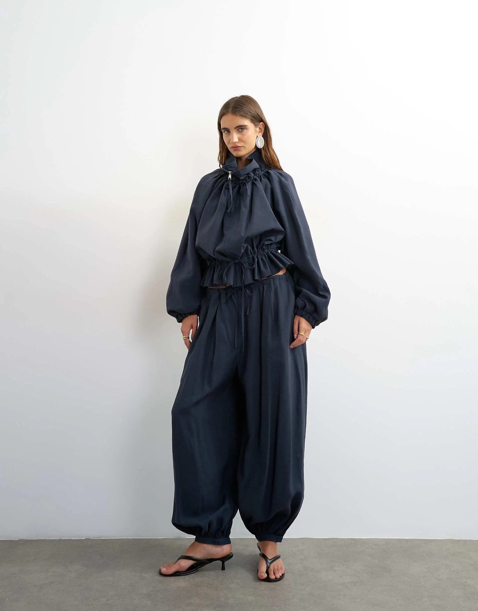 Topshop co ord funnel neck jacket with tie waist in navy