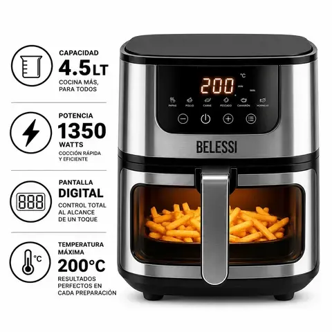 Freidora de Aire Belessi con pantalla digital, capacidad de 4.5LT y ventana de visualización con luz