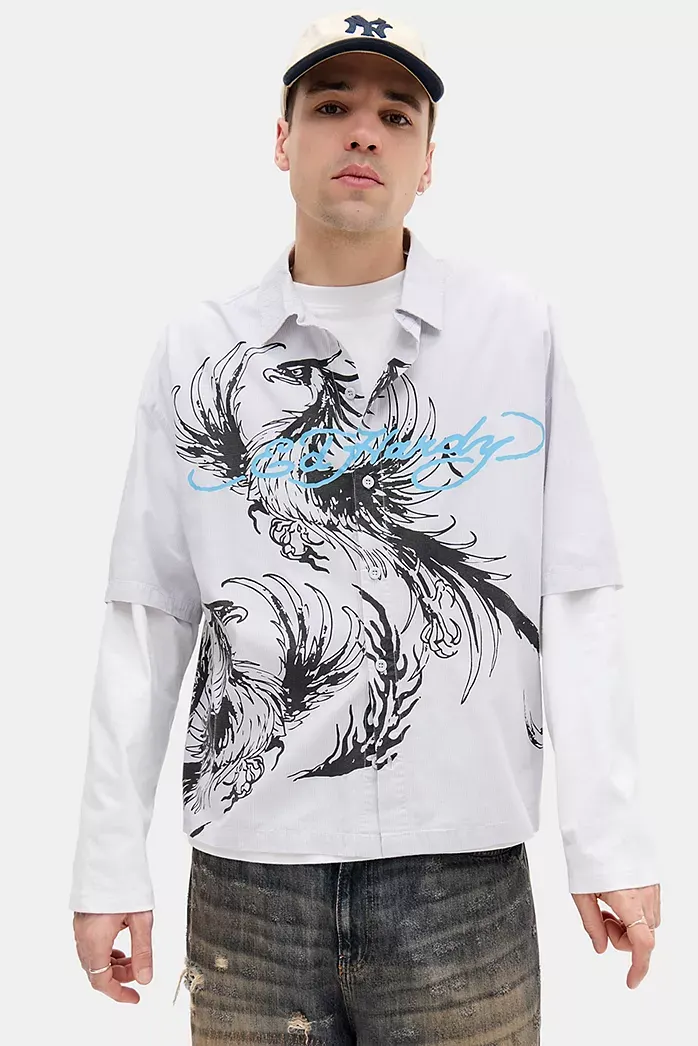 Ed Hardy Camicia a Maniche Corte a Righe con Fenice Esclusiva UO