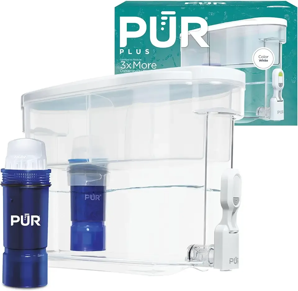 PUR PLUS 30-Cup Water Filter Dispenser with 1 Lead-Reducing PUR PLUS Filter, Dishwasher Safe, Powerful Filtration, Large Capacity with Slim, Space-Saving Design, White (DS1811Z)