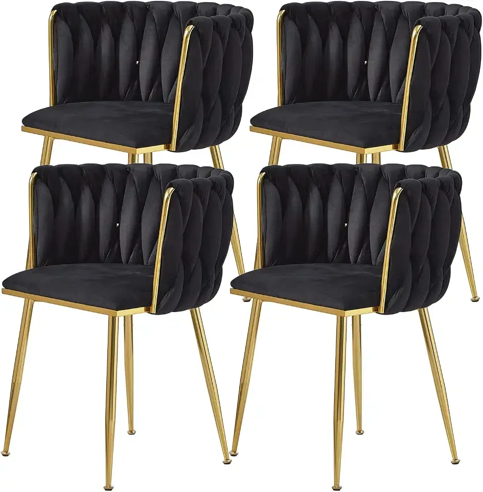 Dining Chairs, Black Velvet Dining Chairs Set of 4 | 4 Dining Chairs, Velvet Upholstered, Curved Woven Back, Gold Metal Legs, Modern, Kitchen & Dining Room