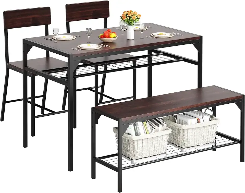Shintenchi Dining Table Set for 4 with Bench and Chairs, Dark Walnut | Kitchen Table Chairs Set of 4, 4 Pieces Kitchen Table Set, Storage Rack & Metal Frame, for Small Space, Upgrated Leg Support