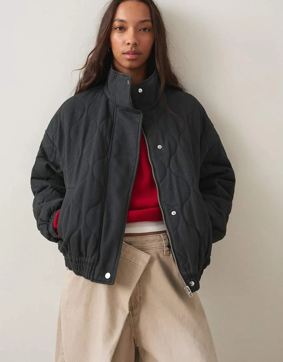 Bershka Cable-knit embroidered jacket in grey