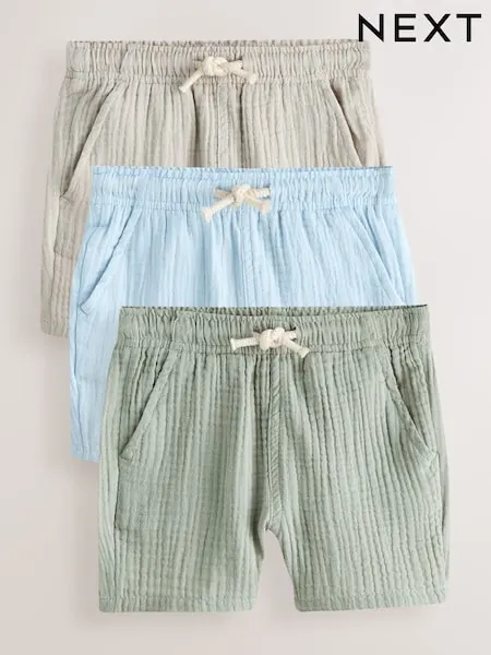 Neutral/Sage Green/Pale Blue Soft Textured Pull on Shorts 3 Pack (3mths-7yrs)