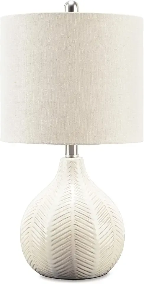 Signature Design by Ashley Rainermen Casual Ceramic Table Lamp, Transparent White Glaze Finish, Drum Hardback Fabric Shade, 11" W x 11" D x 21" H, Off White