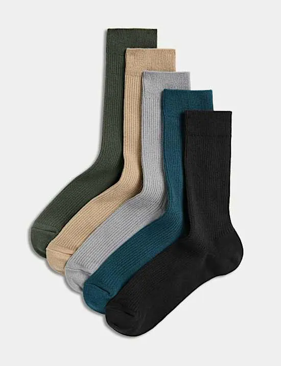 5 Pack Cotton Rich Ribbed Socks