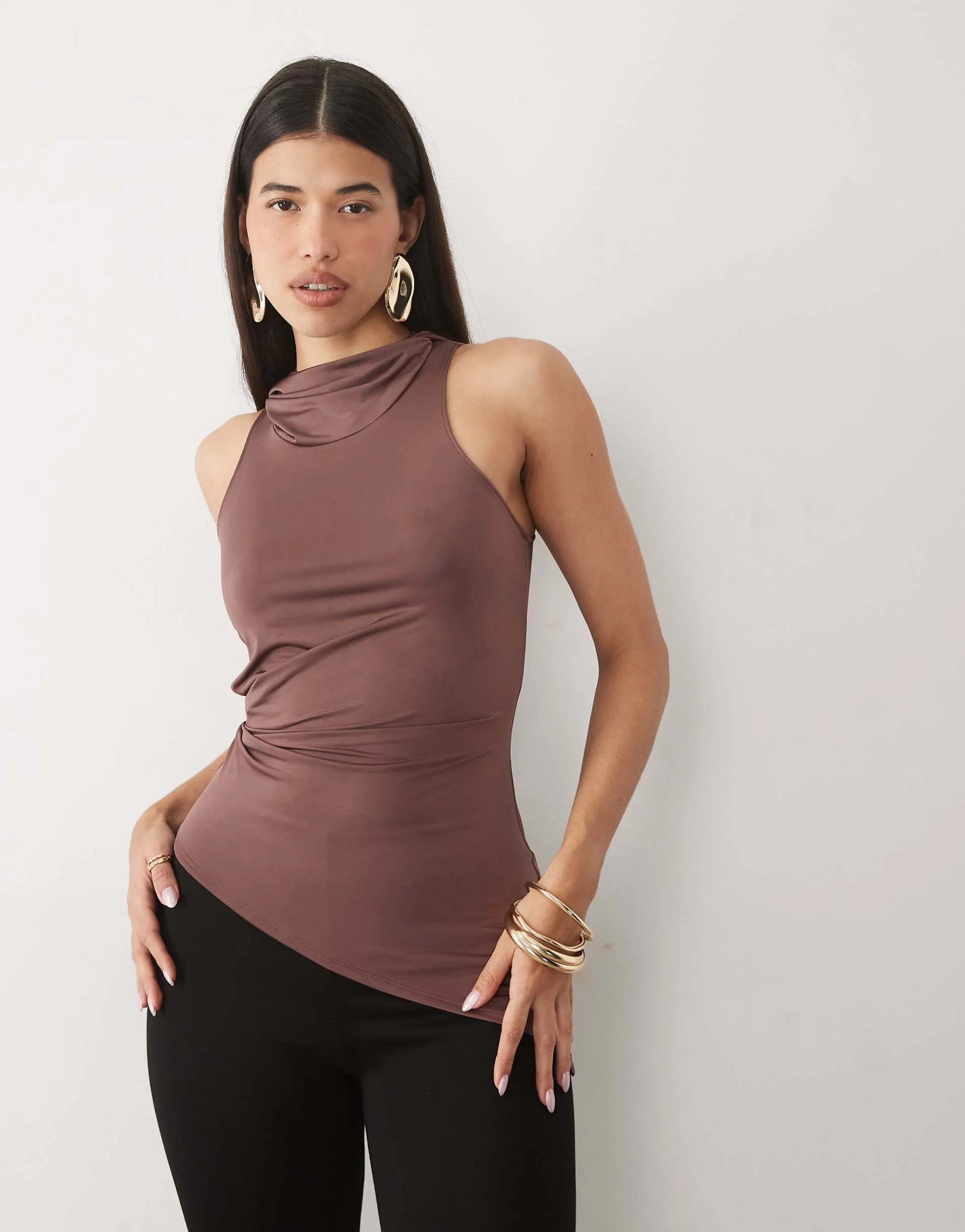 ASOS DESIGN slinky ruched hooded top in chocolate