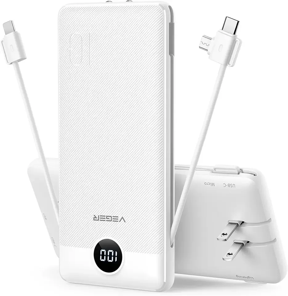 VEGER Portable Charger for iPhone, Power Bank Built in Cables and Wall Plug | 10000mAh,Ultra Slim&Compact,5 Outputs,LED Display,Flight-Safe,Travel Essentials Battery Pack for iPhone 17,iPad, Samsung,etc
