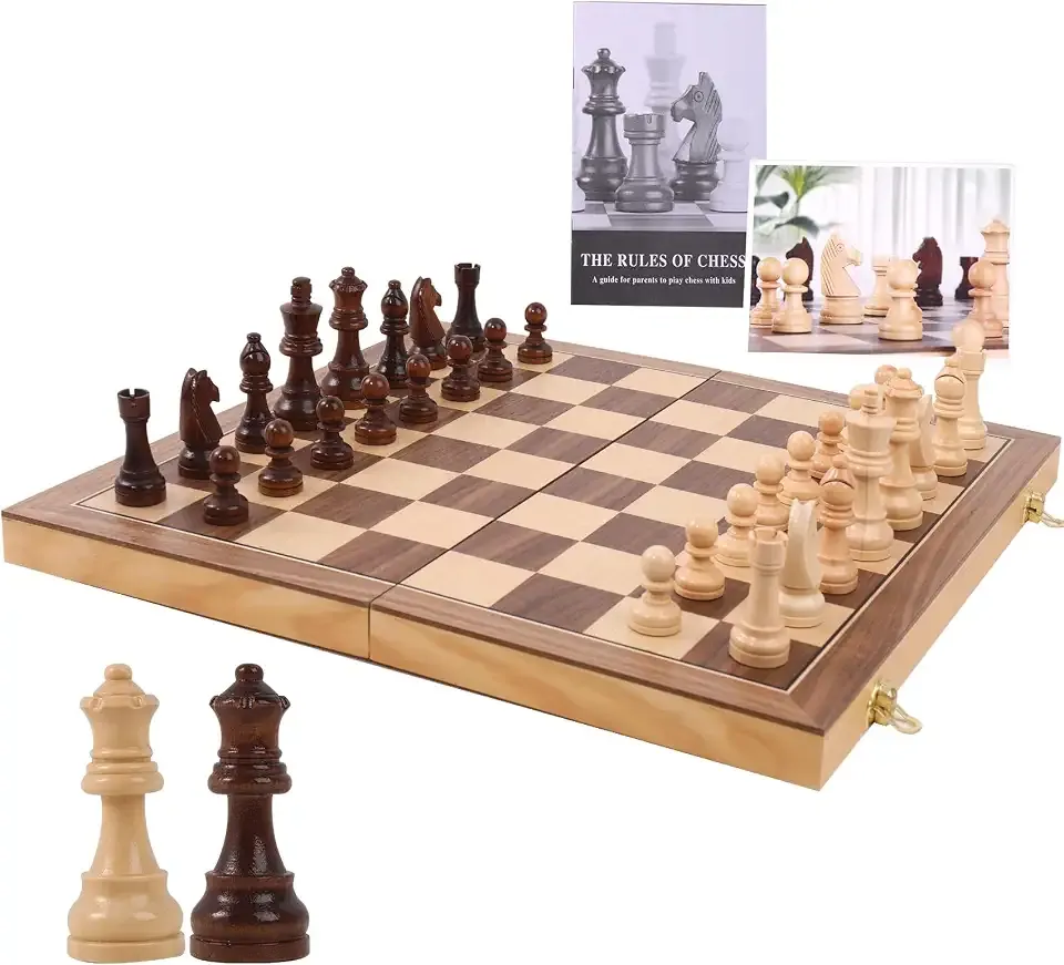 Ajedrez Magnetic Wooden Chess Set with Staunton Pieces, 15" Solid Wood Folding Chess Board with 2 Extra Queens, Internal Storage Slots for Adults Kids, Gift Box