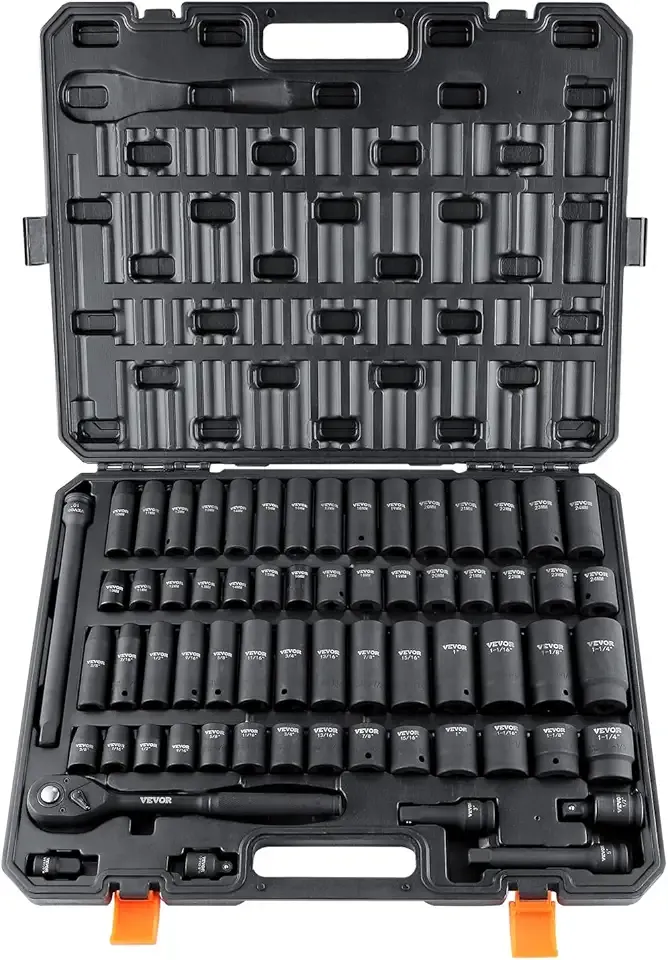 VEVOR 1/2" Drive Impact Socket Set, 65 Piece SAE 3/8" to 1-1/4" and Metric 10-24mm, 6 Point Cr-V Alloy Steel for Auto Repair, Easy-to-Read Size Markings, Rugged Construction, Storage Case