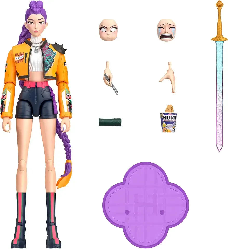Mattel Kpop Demon Hunters HUNTR/X Rumi 6-inch Action Figure | Wearing “How It’s Done” Look, Sword, Food-inspired Accessories, Swappable Faces & Hands​, 21 Points of Articulation