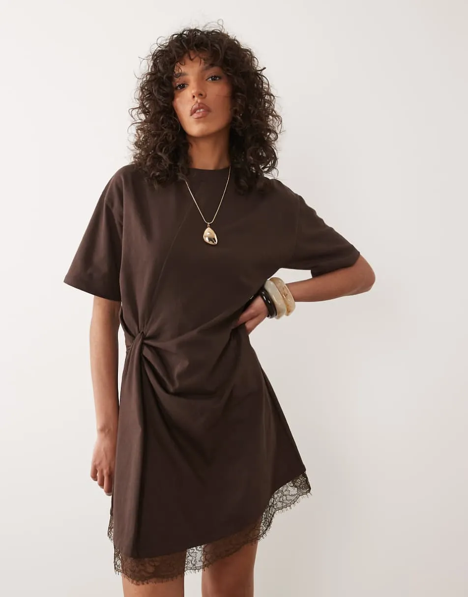 ASOS DESIGN wrapped waist mini dress with lace hem in chocolate