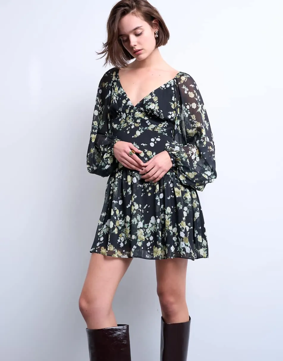 Topshop blouson sleeve mini tea dress in grungy floral