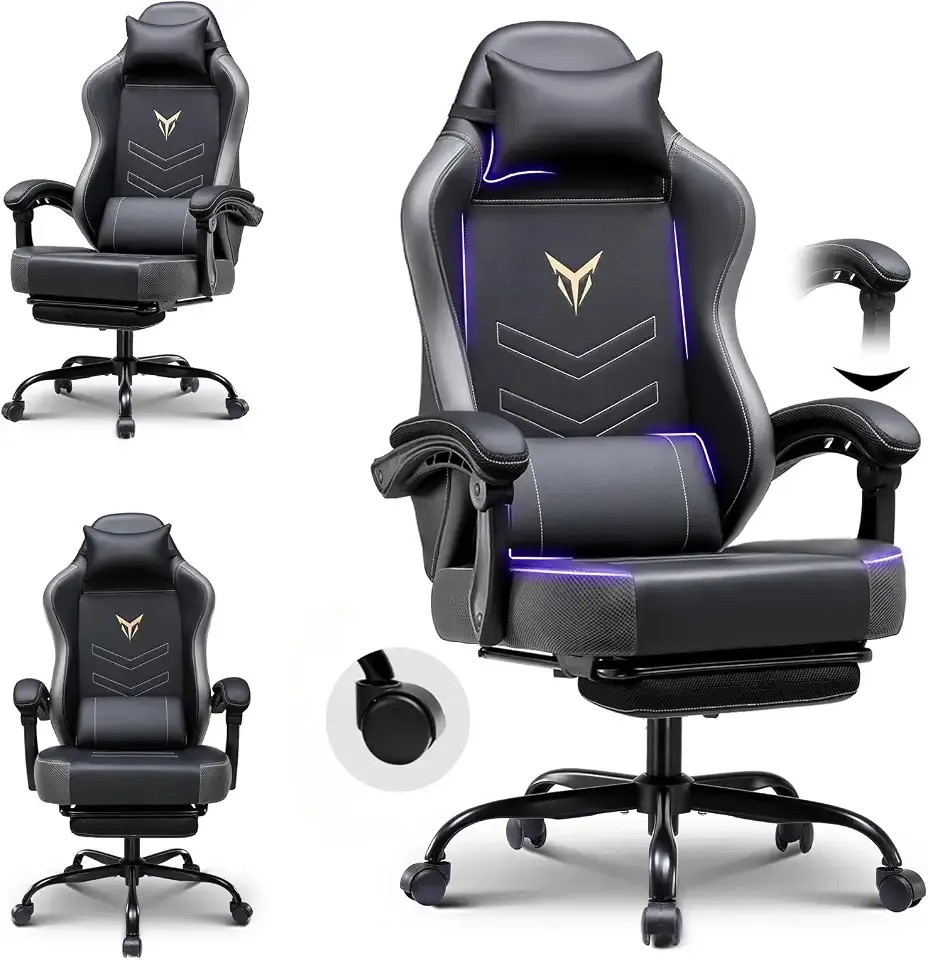 GTPLAYER Gaming Chair with Footrest, Ergonomic Office Chair 300lbs Capacity, Computer Desk Chair with Headrest and Lumbar Support, Linkage Armrests, 90-155° Recline, PU Leather Grey
