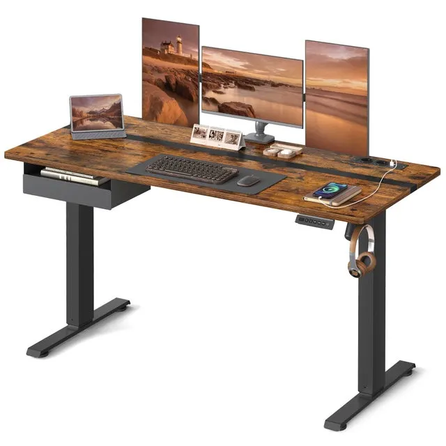 Escritorio eléctrico ajustable en altura con enchufe, cajón y 4 memorias, 70x160 cm, marrón rústico y negro tinta