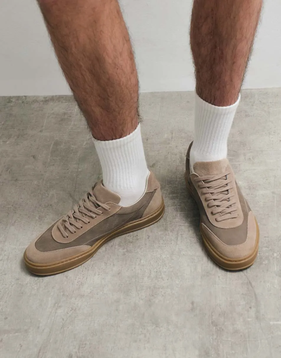 ASOS COLLECTIVE Made In Portugal lace up premium leather and suede trainer in taupe