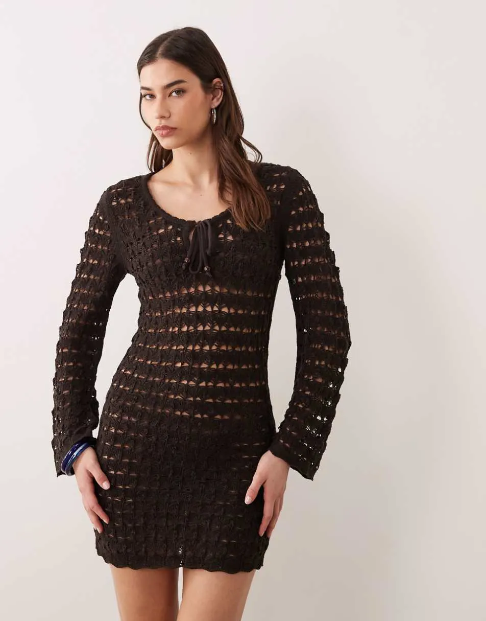 Miss Selfridge crochet long sleeve mini dress with keyhole detail in chocolate