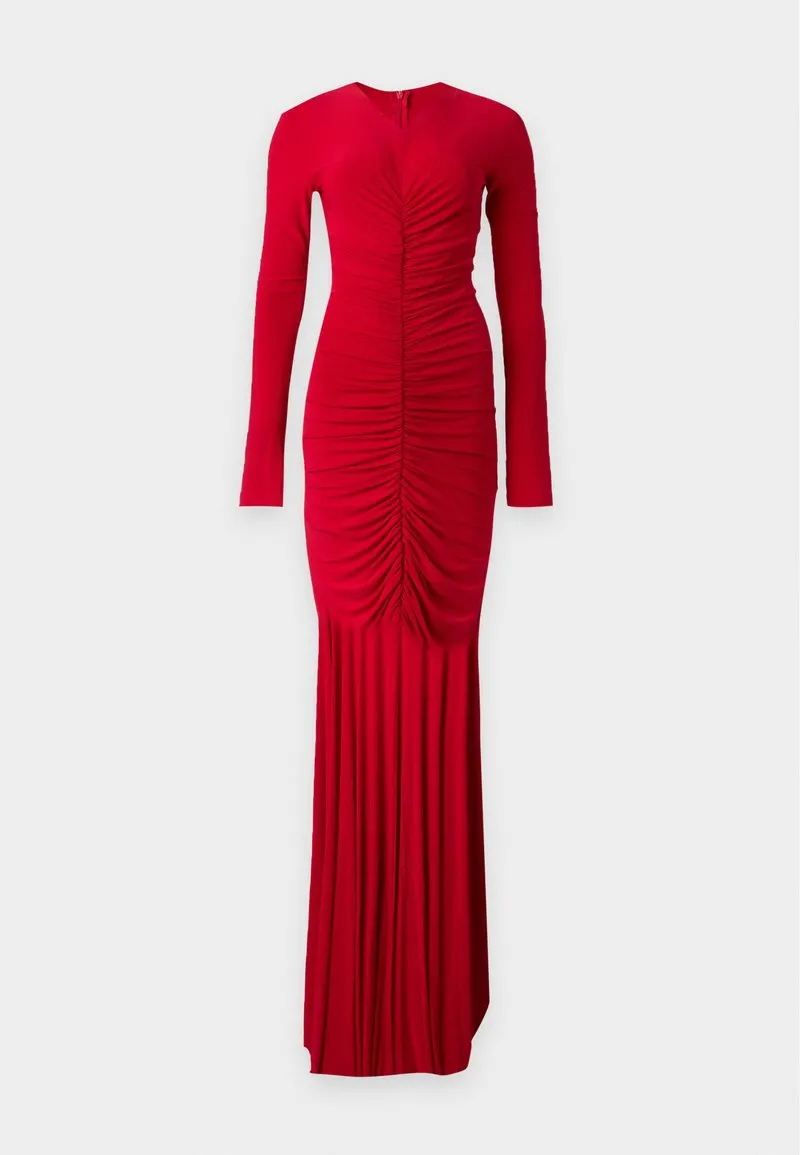 LONG SLEEVE V NECK SHIRRED FRONT FISHTAIL GOWN - Ballkjole - tiger red
