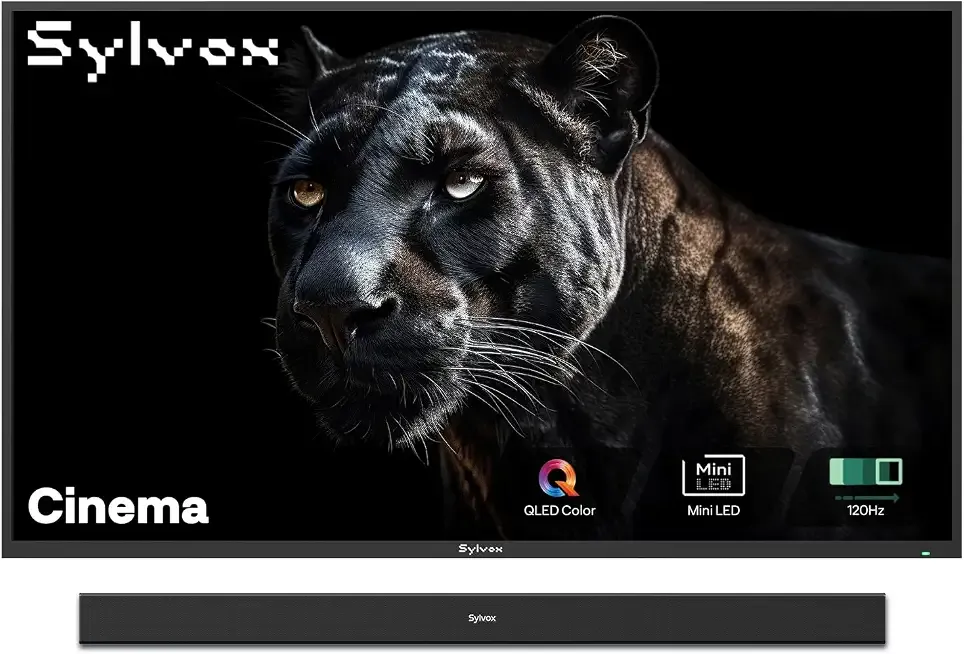 SYLVOX 75 inch Outdoor Mini-LED QLED TV with Soundbar, 4K UHD, 2000 Nits Full Sun, Anti-Glare Screen, 120Hz, IP56 Waterproof, Dual 30W Dolby Atmos Speaks (Cinema/2025)