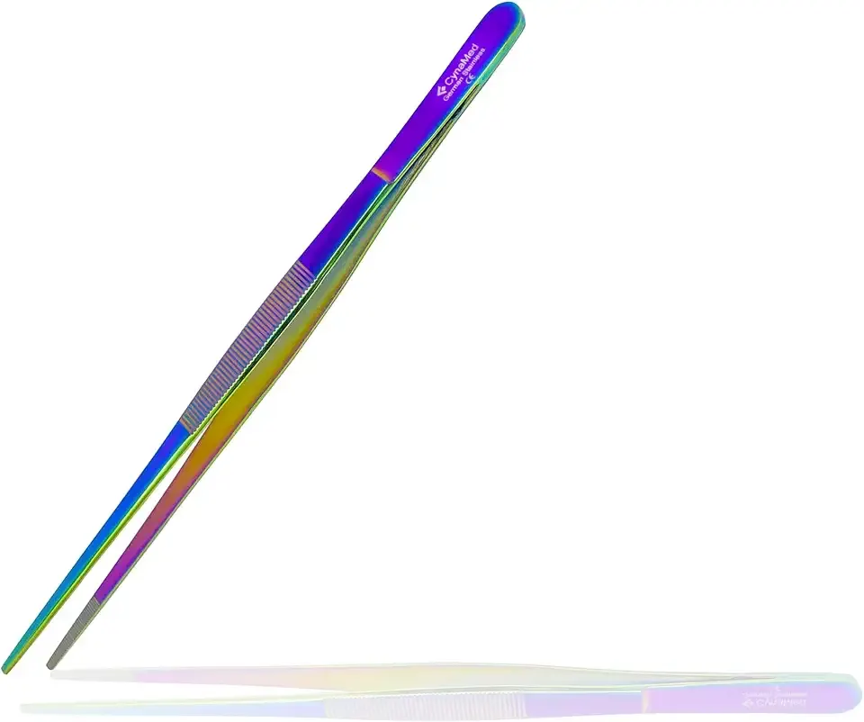 Cynamed 10” Kitchen Premium Tongs Tweezers Stainless Steel, Long with Precision Serrated Tips (Rainbow)