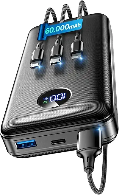 Portable Charger Power Bank - 60,000mAh Battery Pack, 22.5W Fast Charging Phone Charger Attached USB-C/iOS/Micro-USB Cable, Powerbank for iPhone 17 16 15 14 13 Samsung, for Travel Camping Essentials