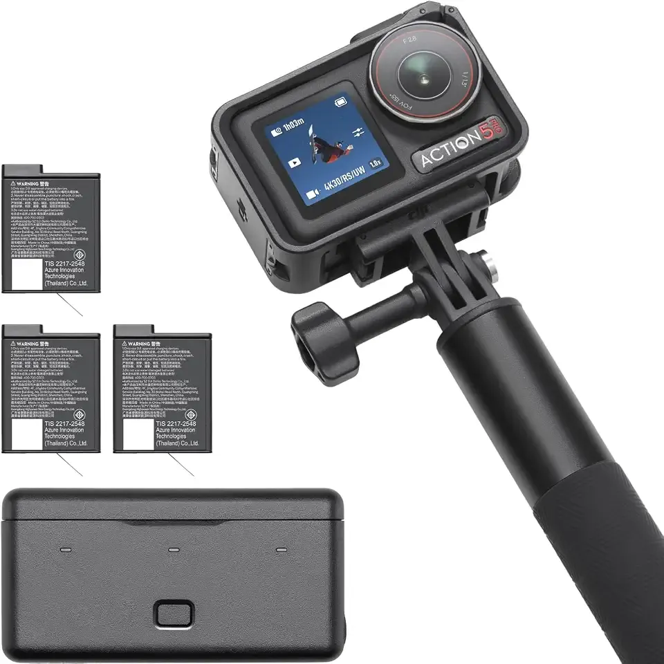 DJI Osmo Action 5 Pro Adventure Combo, Waterproof Action Camera | 1/1.3" Sensor, 4K/120fps Video, Subject Tracking, 12h Extended Battery Life w/ 3 Batteries, 1.5m Extension Rod, Battery Case