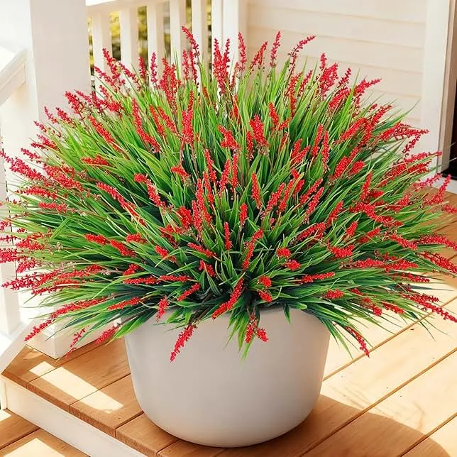 Ivydale 20PCS Artificial Plants Fake Flowers Monkey Grass for Outdoors,UV Resistant Realistic Red Faux Greenery Shrubs Outside Decor for Home Garlan…