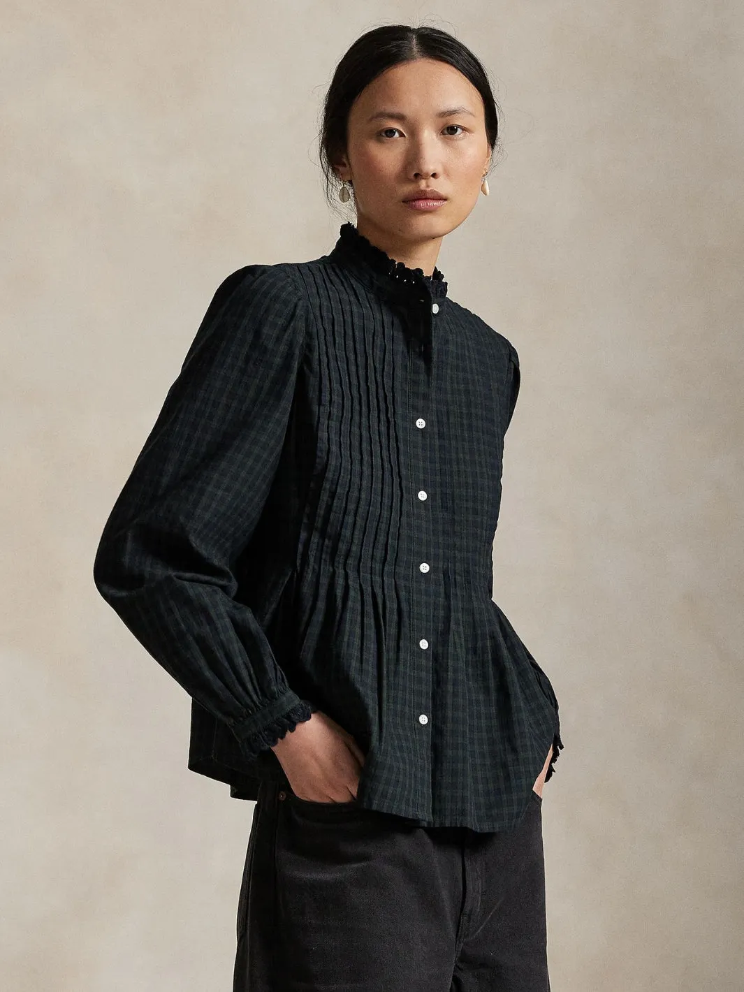 PINTUCKED PLAID COTTON SHIRT