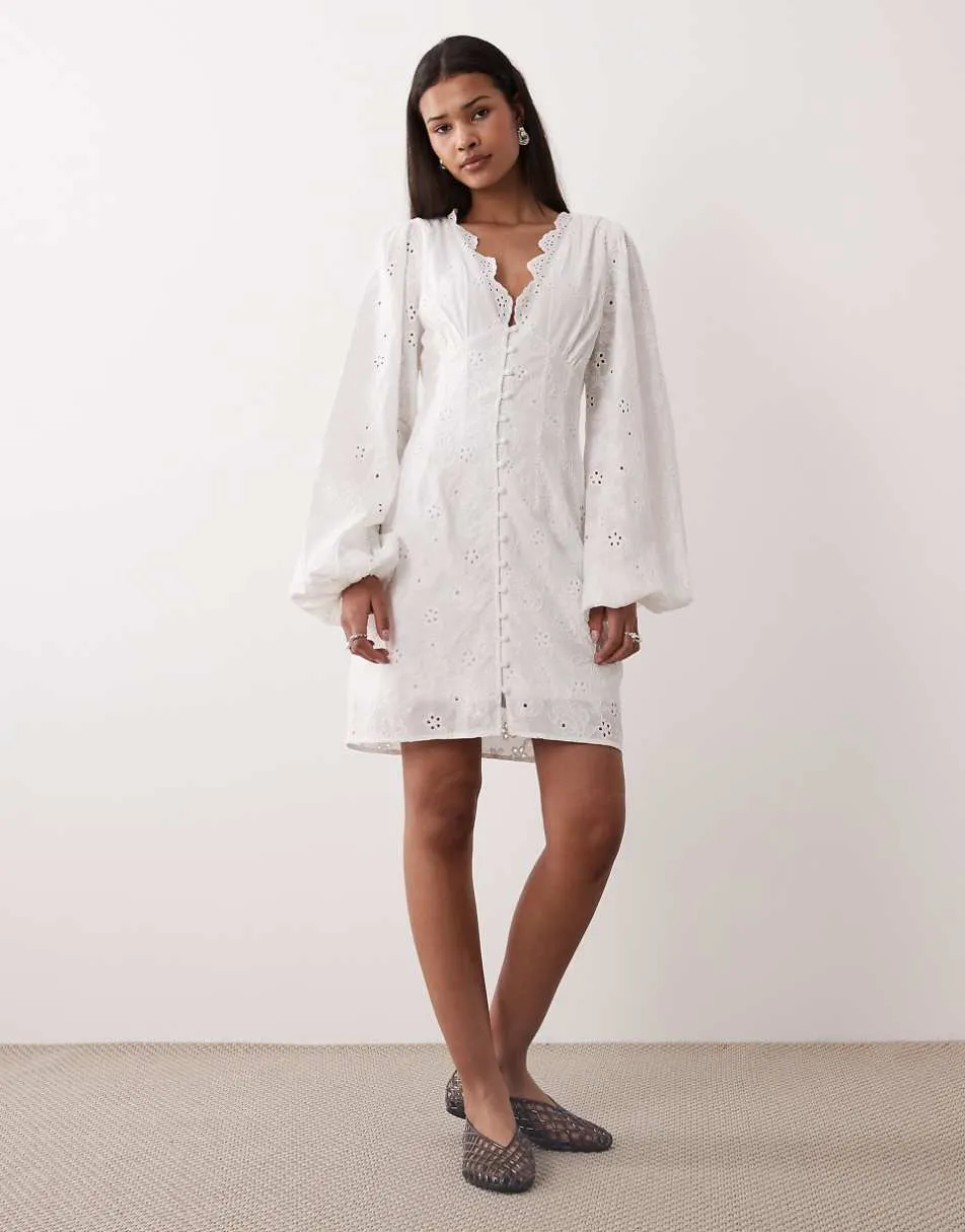 Gina Tricot embroidered mini dress in off white