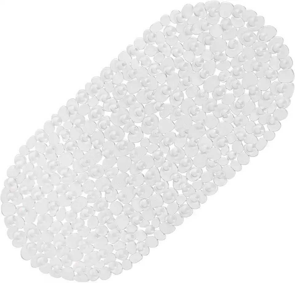 WELTRXE Pebbles Bath Mat Clear Non-Slip Bathtub Mat with Suction Cups, Drain Holes for Bathroom Showers, Tub, Machine Washable, BPA, Latex Free Safe Shower Mats, Oval 27 x 14 Inch