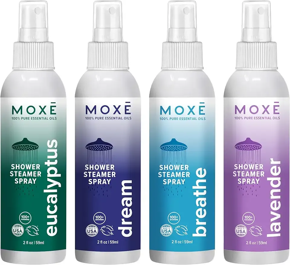 MOXE Aromatherapy Shower Mist Variety Pack, Eucalyptus, Lavender, Breathe and Dream, Spa Steam Spray, Natural 100% Essential Oils, Made in USA, Aromatherapy, Sinus Congestion Relief, 4 Pack (8oz)
