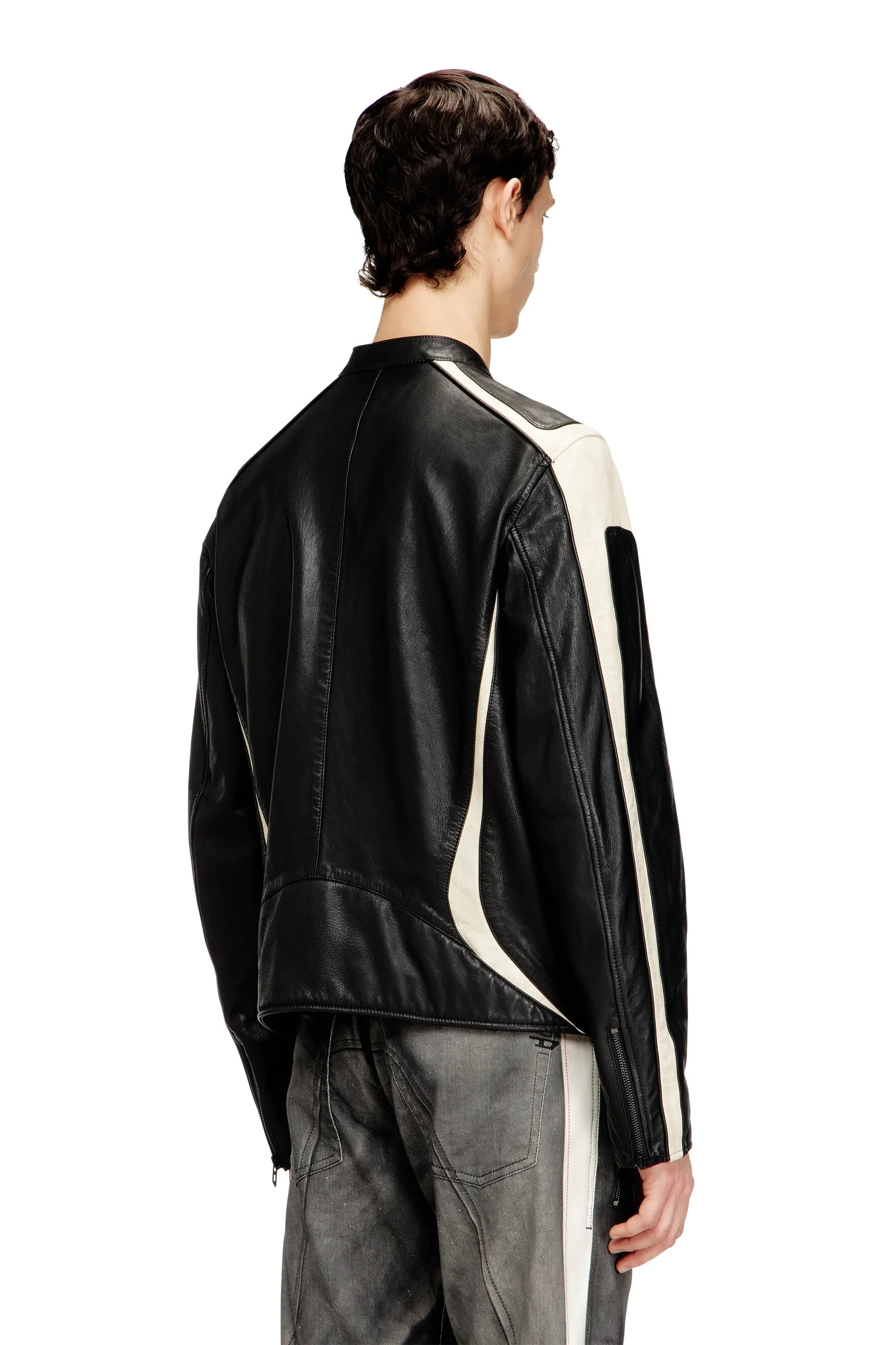 Colour-block leather biker jacket