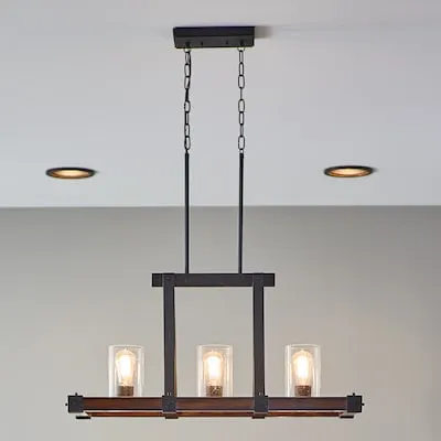 Quaint 8 -Light Rustic Bronze and Distressed Grayish Wood Farmhouse Wood Cage Linear Large Hanging Kitchen Island Light