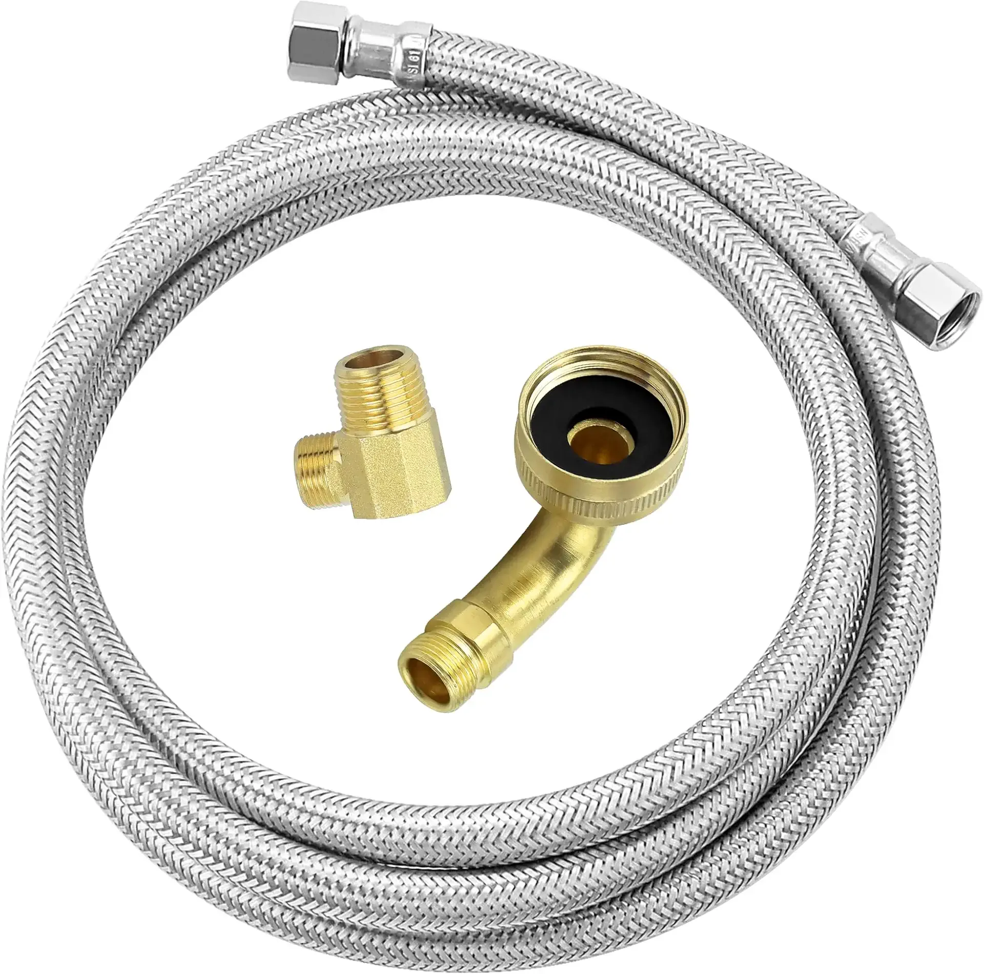 Dishwasher Supply Line Kit, 6 FT Stainless Steel Braided with Elbow Adapter W10685193 (3/4" FHT x 3/8") - Burst Proof & Universal Dishwasher Connector Kit Fit for All Dishwashers by AMI PARTS