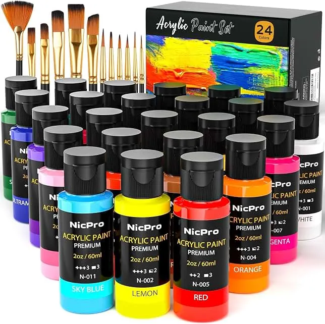 Nicpro Acrylic Paint Set 24 Colors 2oz with 12 Brushes & Palette | Non-Toxic Art Supplies Kit, Rich Pigments for Beginners, Artists, Painting on Pumpkin, Fabric, Canvas, Wood, Rock, Ceramic
