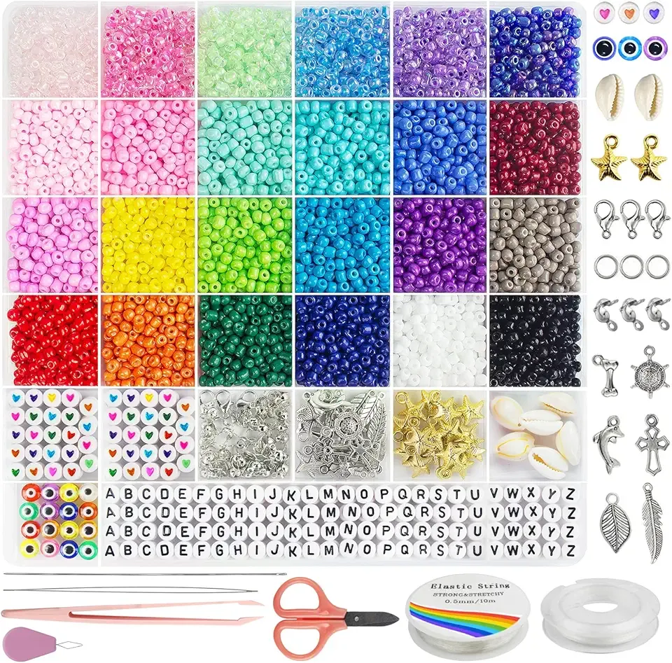 Redtwo 4mm Glass Seed Beads for Jewelry Bracelet Making Kit, Small Beads Friendship Bracelet Kit, Tiny Waist Beads with Letter Beads and Elastic String, DIY Art Craft Girls Gifts