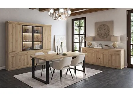 Eetkamer Valencia met 4 stoelen Walter - tafel 210x98cm - vitrinekast 240cm - dressoir 225cm