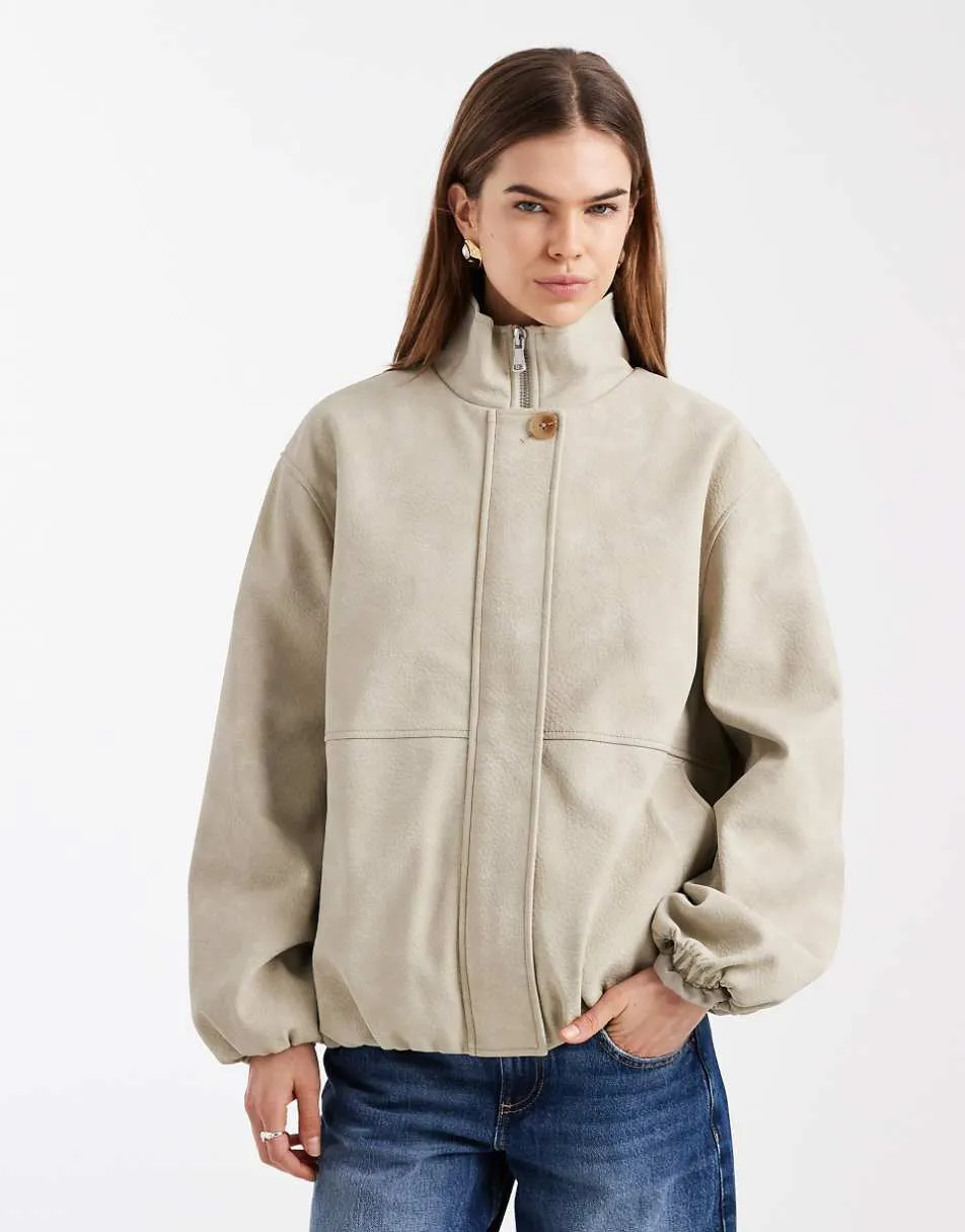 ASOS oversized leather look bubble hem funnel neck jacket in stone