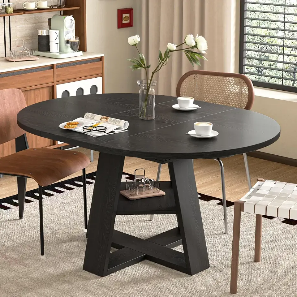 43.3"-59" Extendable Round Oval Dining Table for 4-8 with Storage Shelf